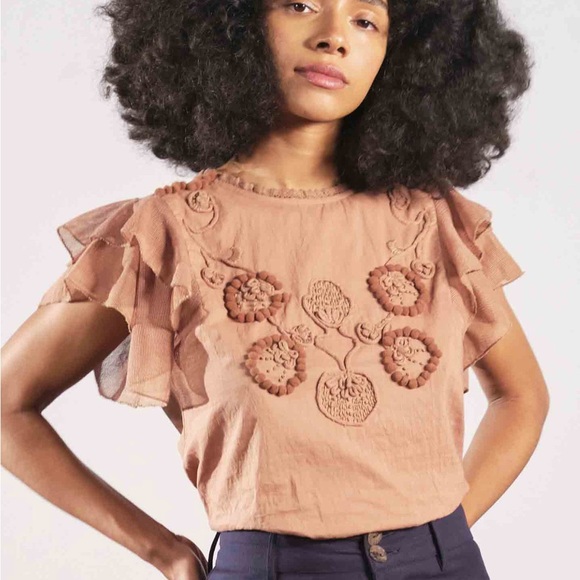 Maria Stanley Finch Embroidered Flutter Sleeve Blouse in Shiitake Brown - Picture 9 of 9